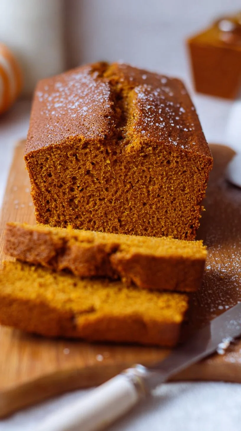 Slice of homemade pumpkin bread with spices and nuts on a wooden table