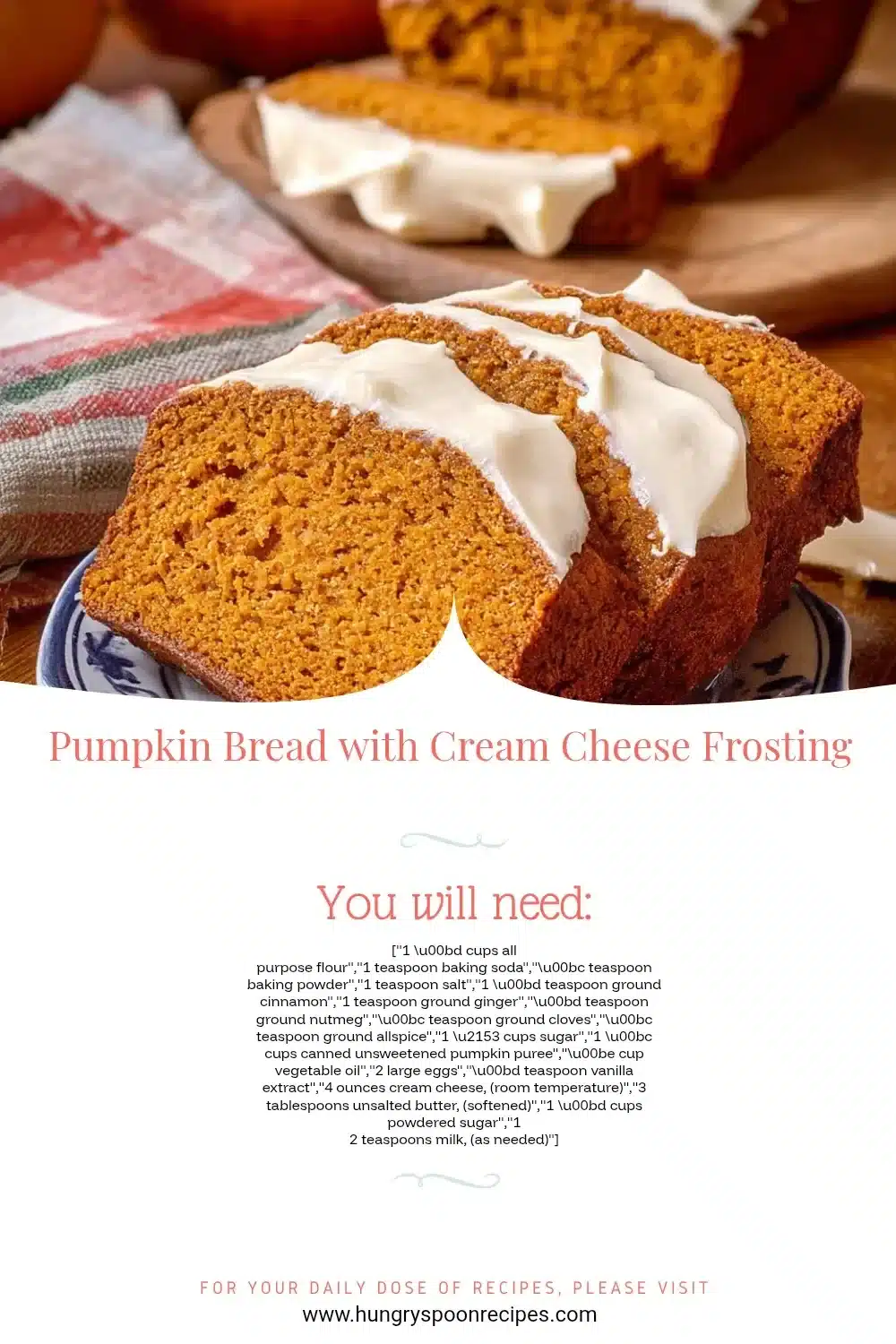 Delicious pumpkin bread with cream cheese frosting, ideal for fall baking.