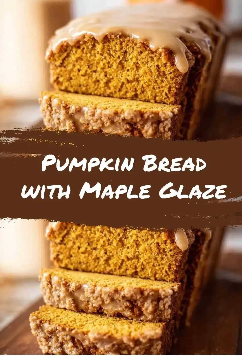 Slice of moist pumpkin bread drizzled with sweet maple glaze