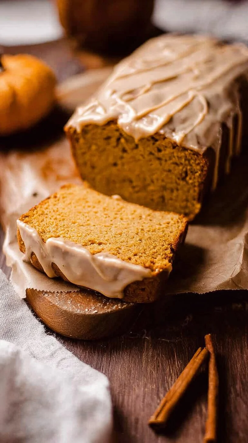 Homemade pumpkin bread drizzled with creamy pumpkin spice icing