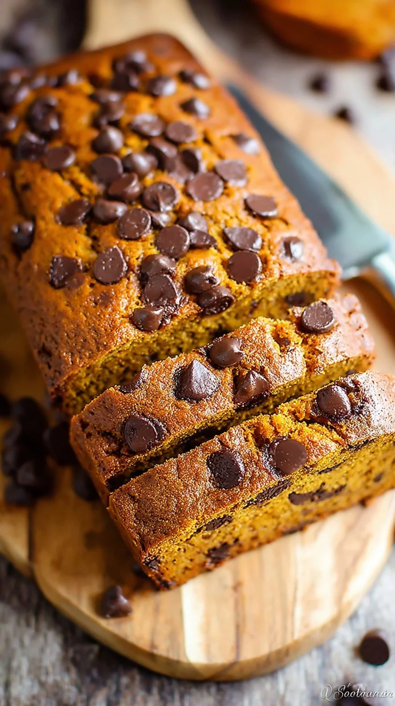 Loaf of moist Pumpkin Chocolate Chip Bread with chocolate chips and spices