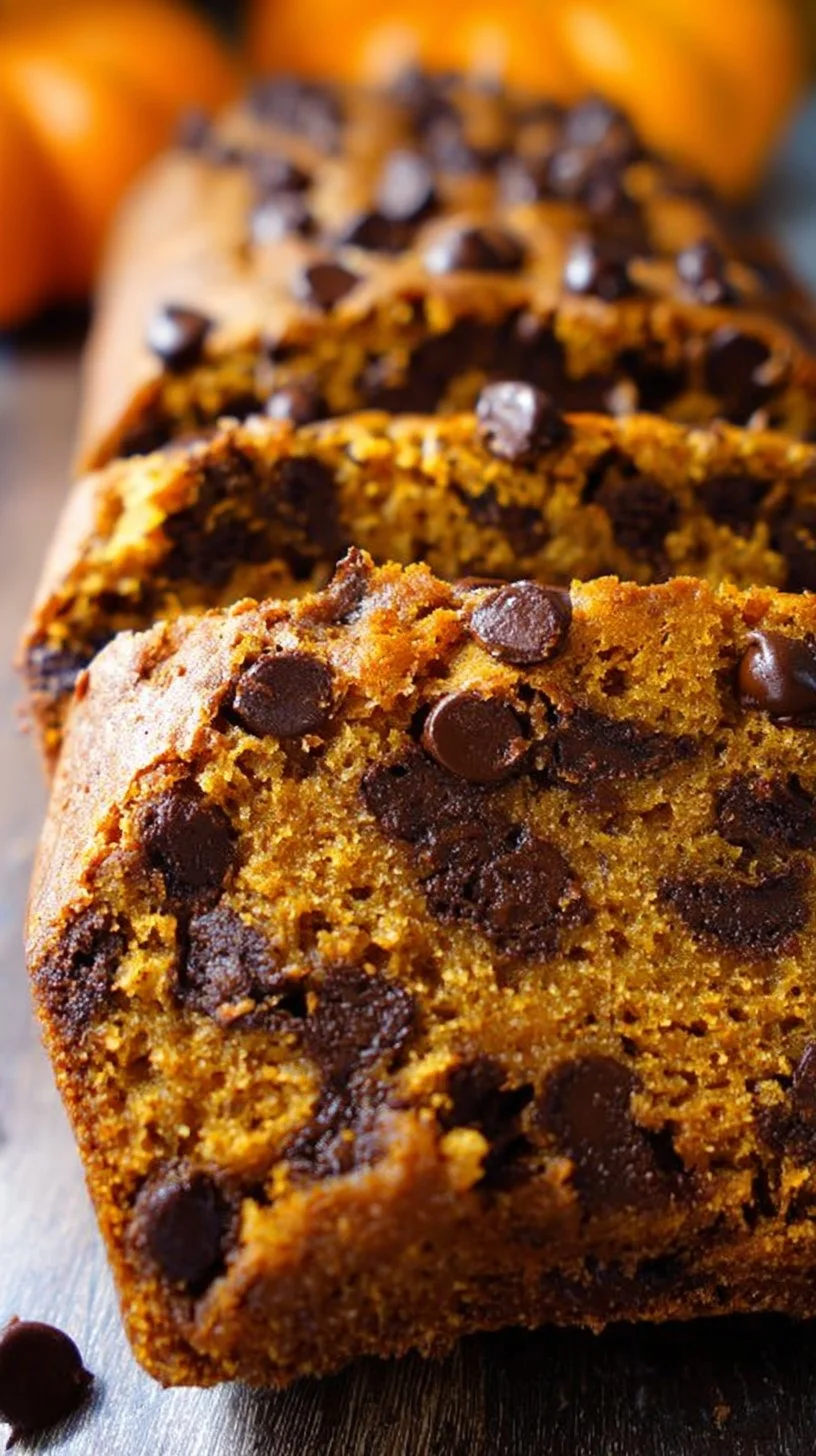 Freshly baked Pumpkin Chocolate Chip Bread loaf with chocolate chips