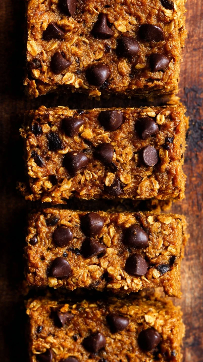 Freshly baked pumpkin chocolate chip oatmeal bars on a plate