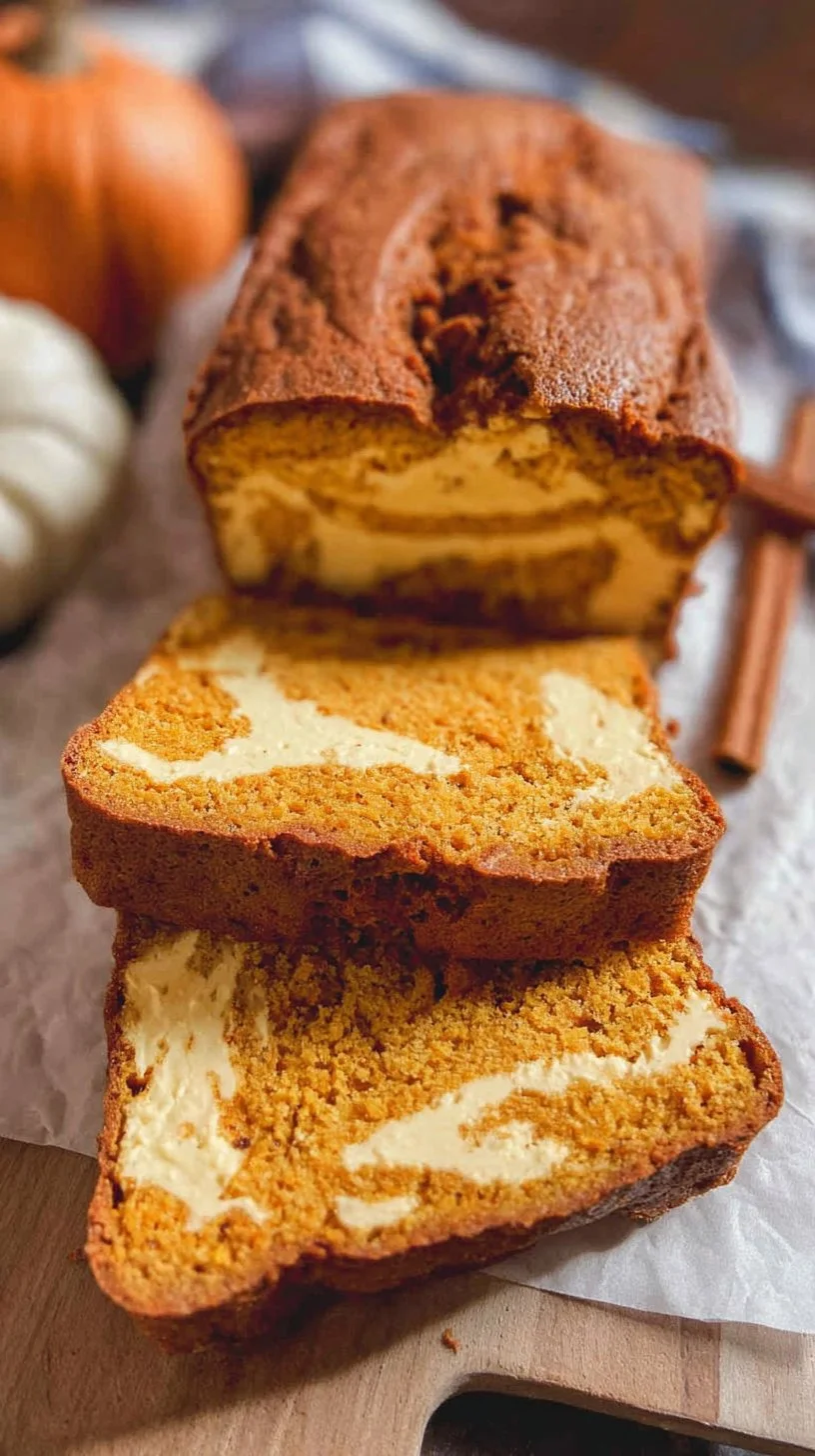 Slice of moist Pumpkin Cream Cheese Bread on a rustic wooden table