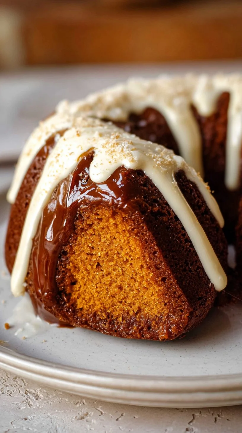 Delicious Pumpkin Cream Cheese Bundt Cake on a rustic table, decorated with autumn leaves.