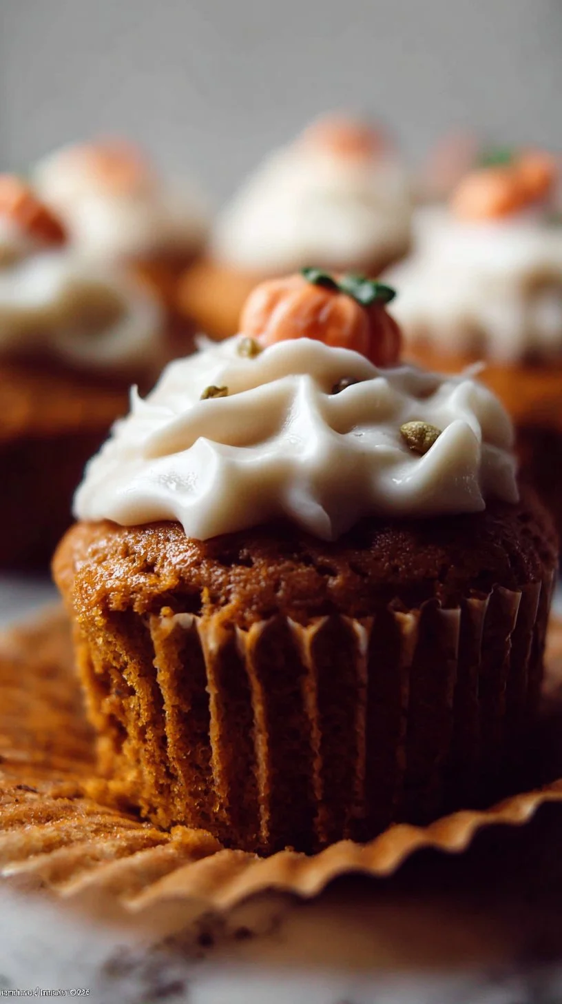 Delicious pumpkin cupcakes with cream cheese frosting on a decorative plate