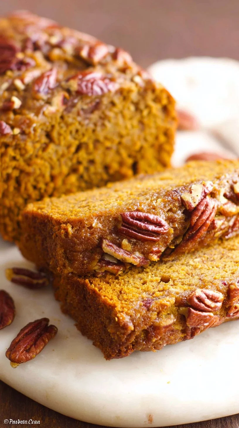 Slice of Pumpkin Pecan Banana Bread topped with pumpkin seeds and pecans