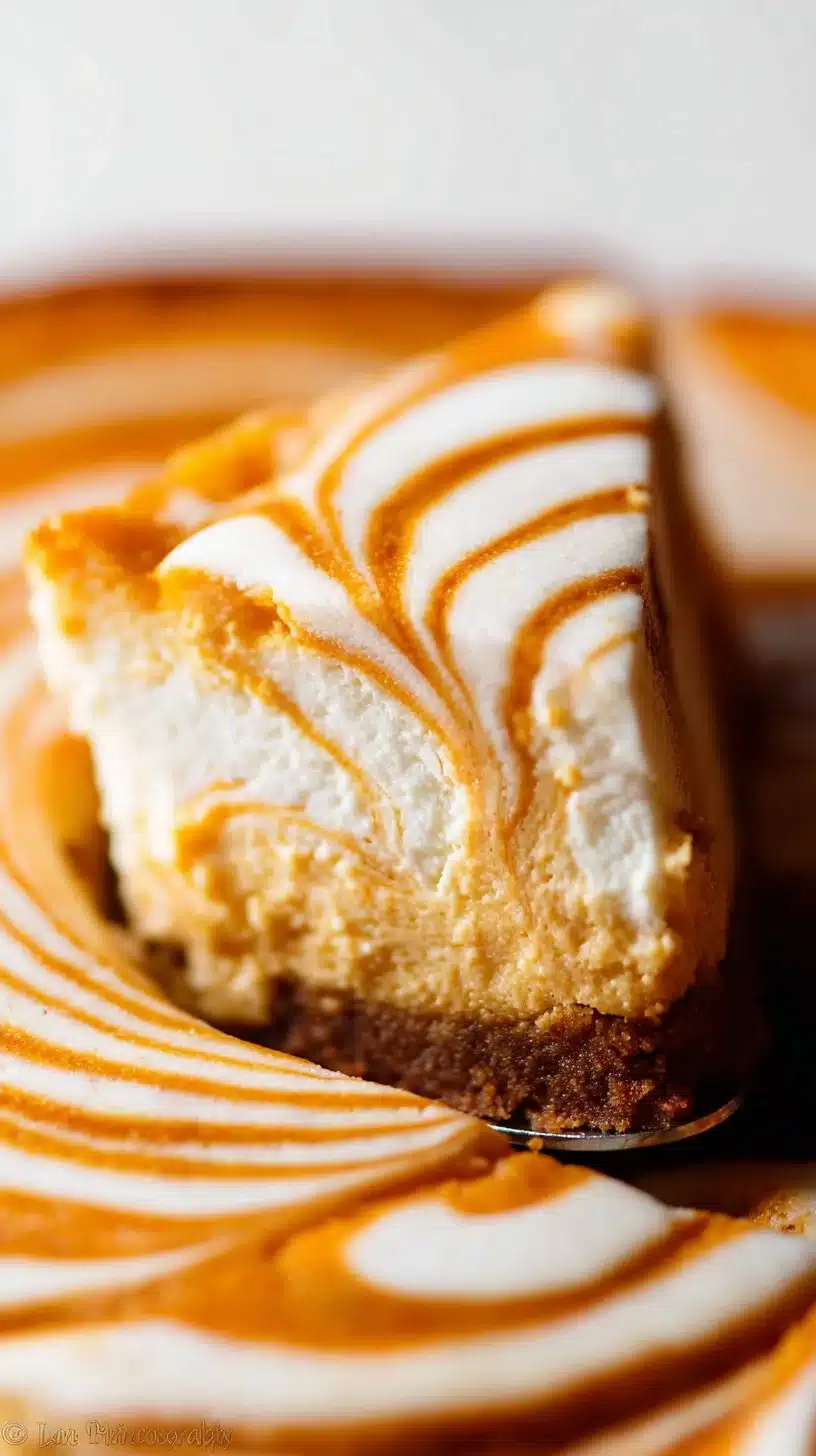 Pumpkin Swirl Cheesecake 1 Delicious Pumpkin Swirl Cheesecake topped with creamy pumpkin filling and swirls.