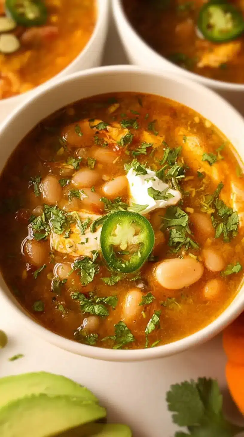 Pumpkin White Bean Chicken Chili 1 Delicious Pumpkin White Bean Chicken Chili served in a bowl with toppings.