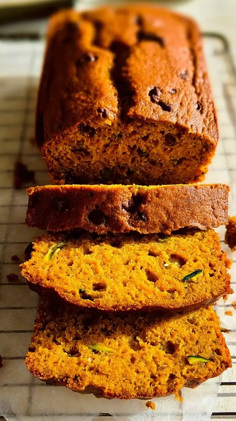 Pumpkin Zucchini Bread 1 Freshly baked Pumpkin Zucchini Bread on a wooden table