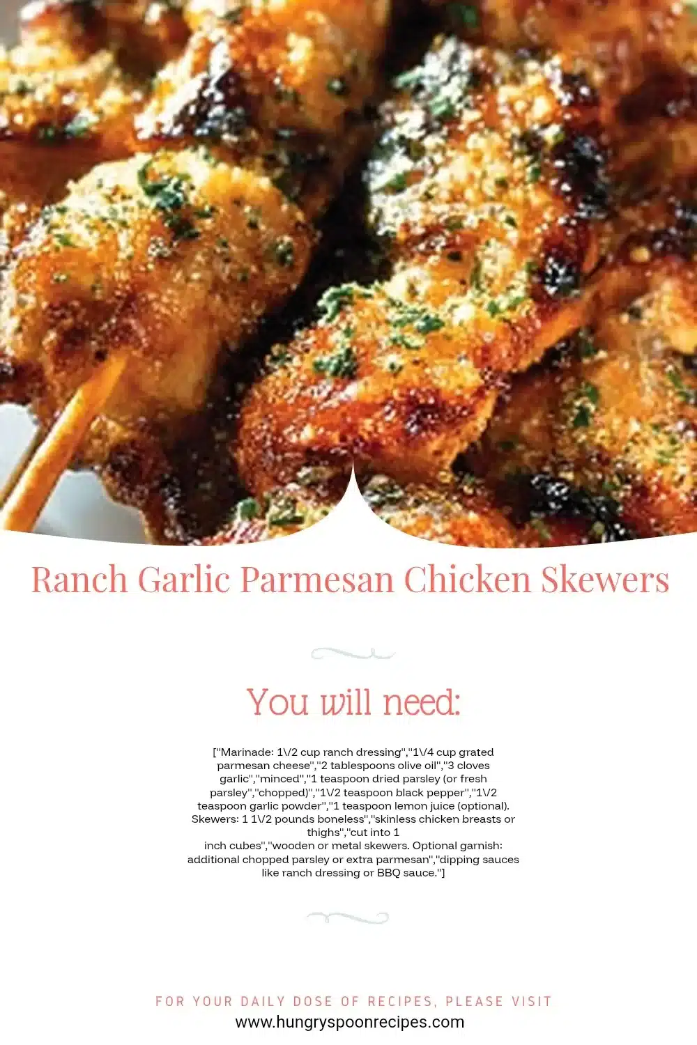 Ranch Garlic Parmesan Chicken Skewers garnished with herbs