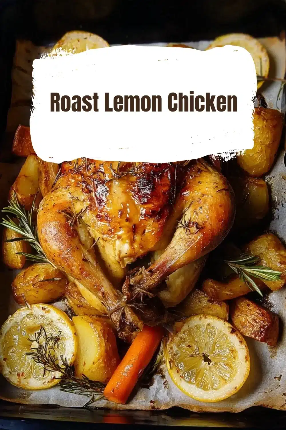 Roast Lemon Chicken 1 Roast lemon chicken served with herbs and lemon slices on a plate