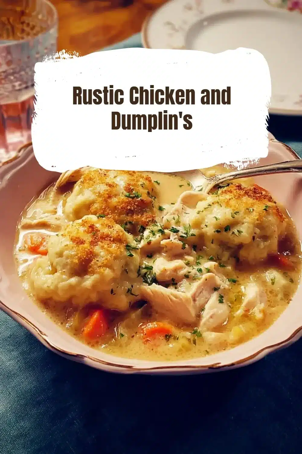 Rustic Chicken and Dumplin's 1 A bowl of Rustic Chicken and Dumplin's garnished with herbs