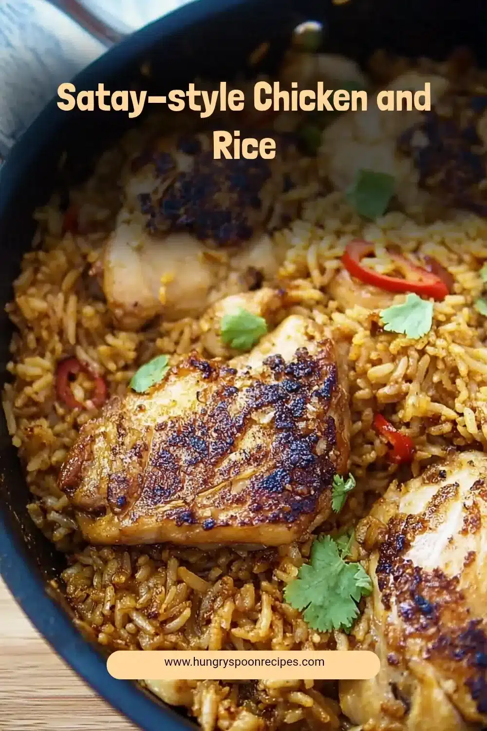 Satay-style Chicken and Rice 1 Delicious plate of satay-style chicken served with rice and garnished with vegetables