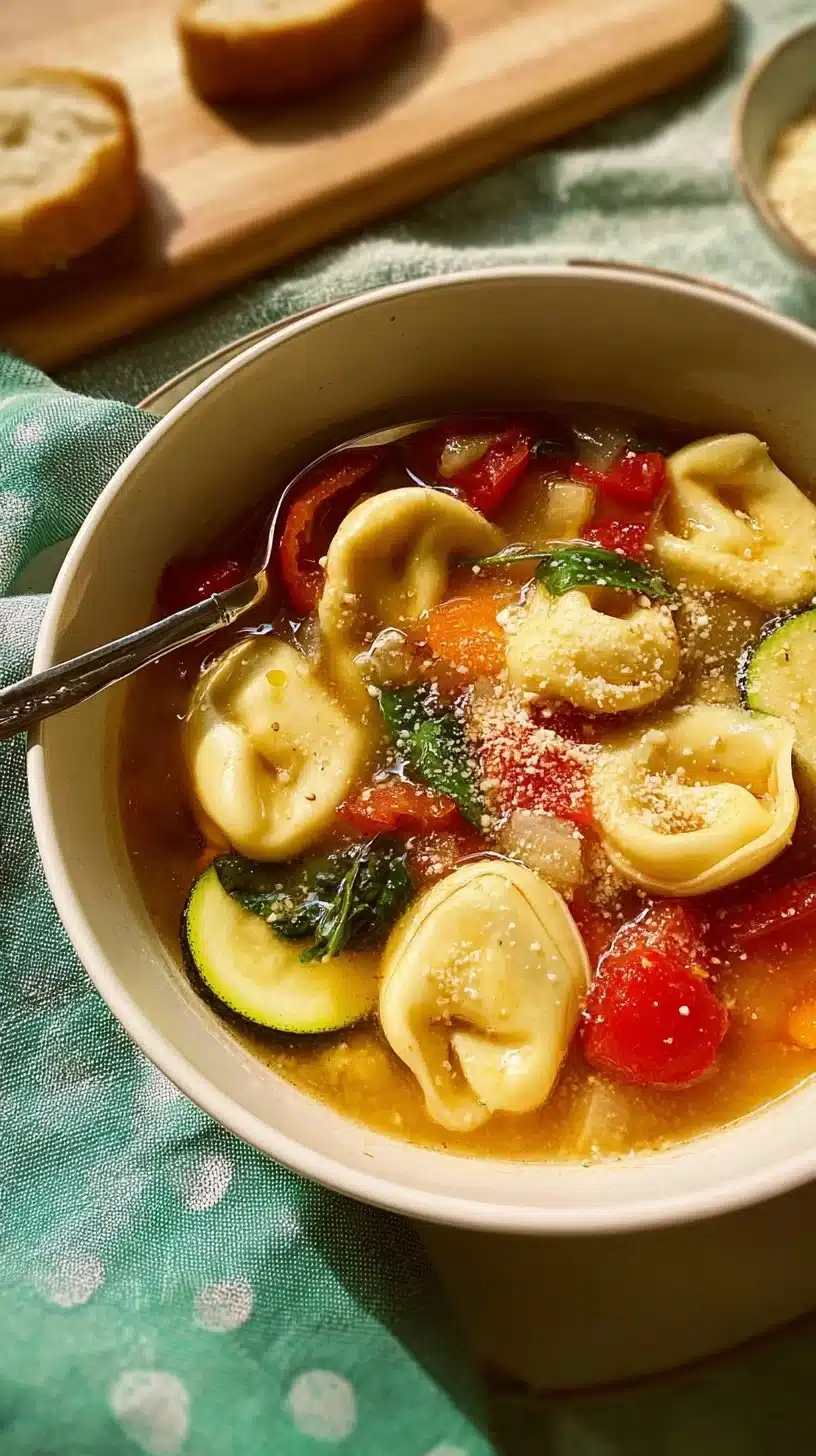 Simple Tortellini Soup 1 Bowl of simple tortellini soup garnished with fresh herbs