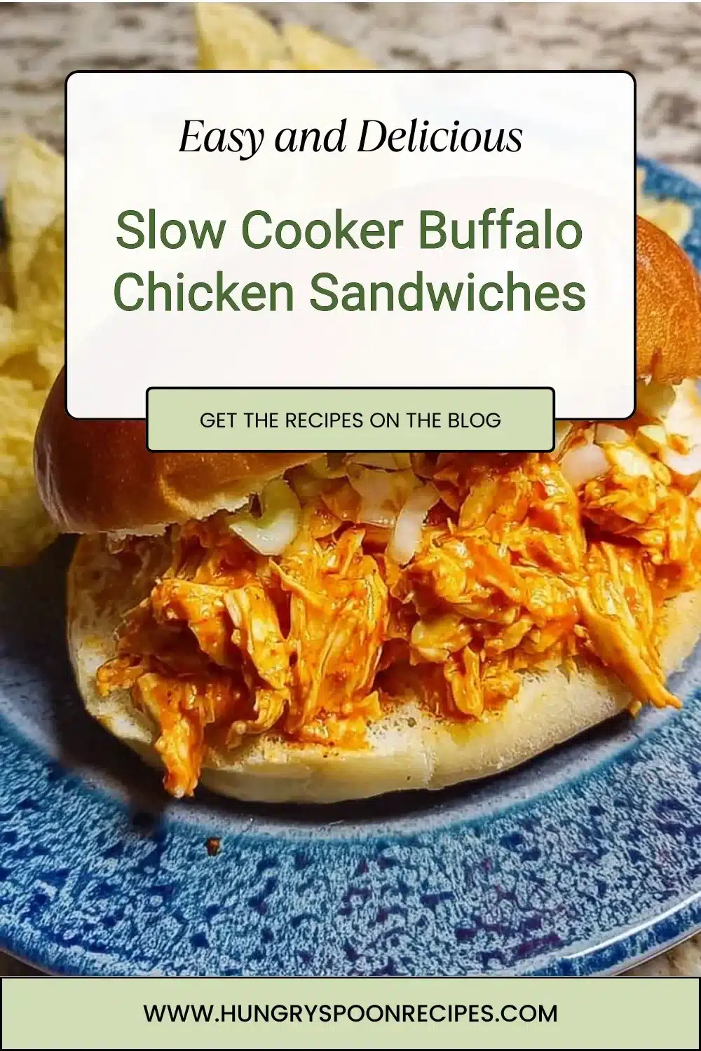 Delicious slow cooker buffalo chicken sandwiches stacked on a plate.