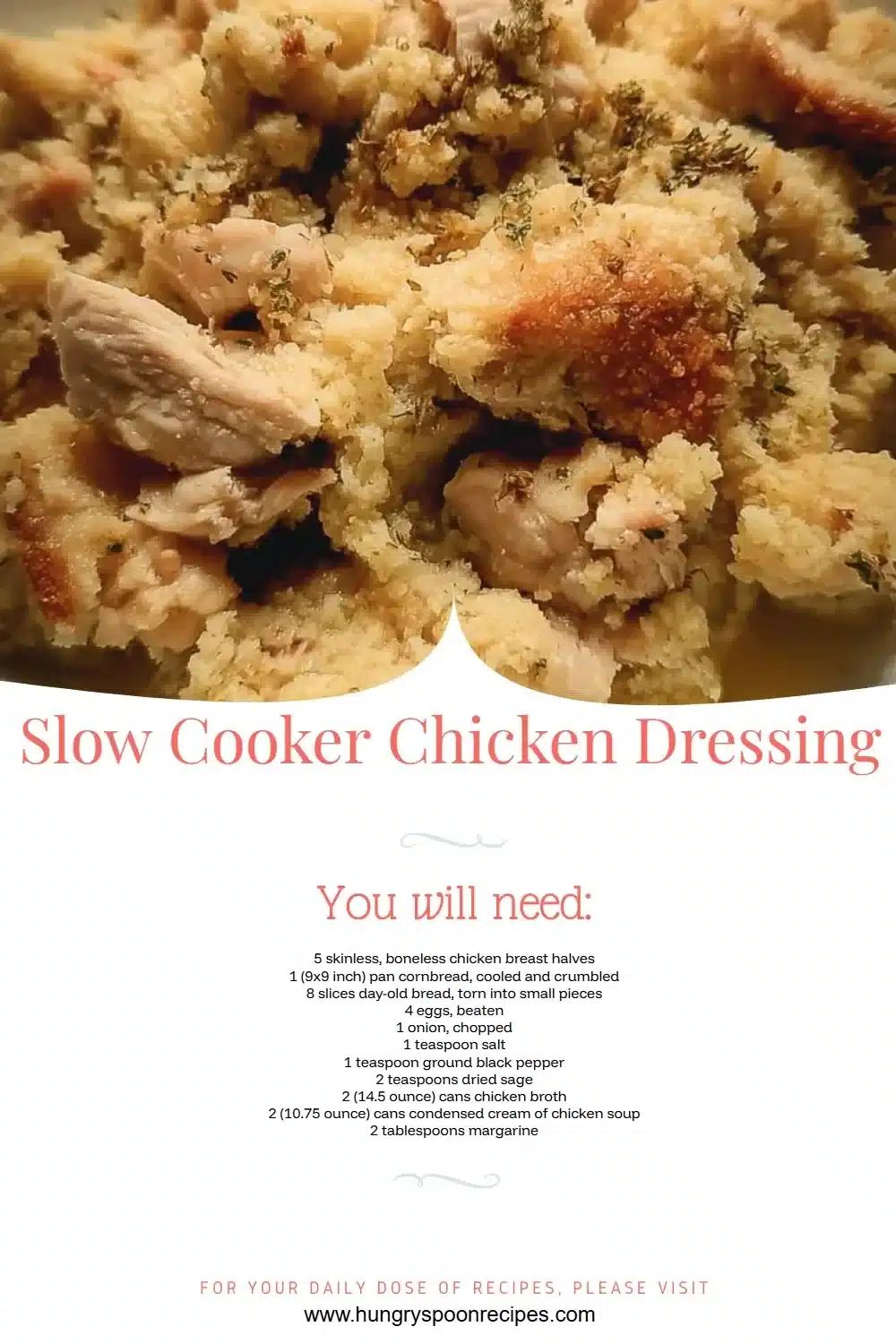 Slow Cooker Chicken Dressing served in a bowl with herbs.