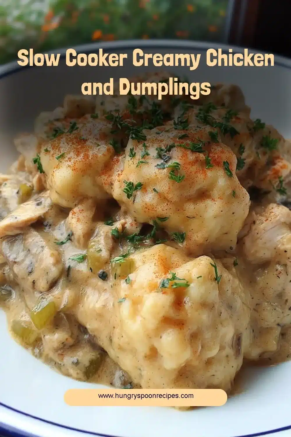 Slow Cooker Creamy Chicken and Dumplings 1 Bowl of slow cooker creamy chicken and dumplings with herbs and spices.