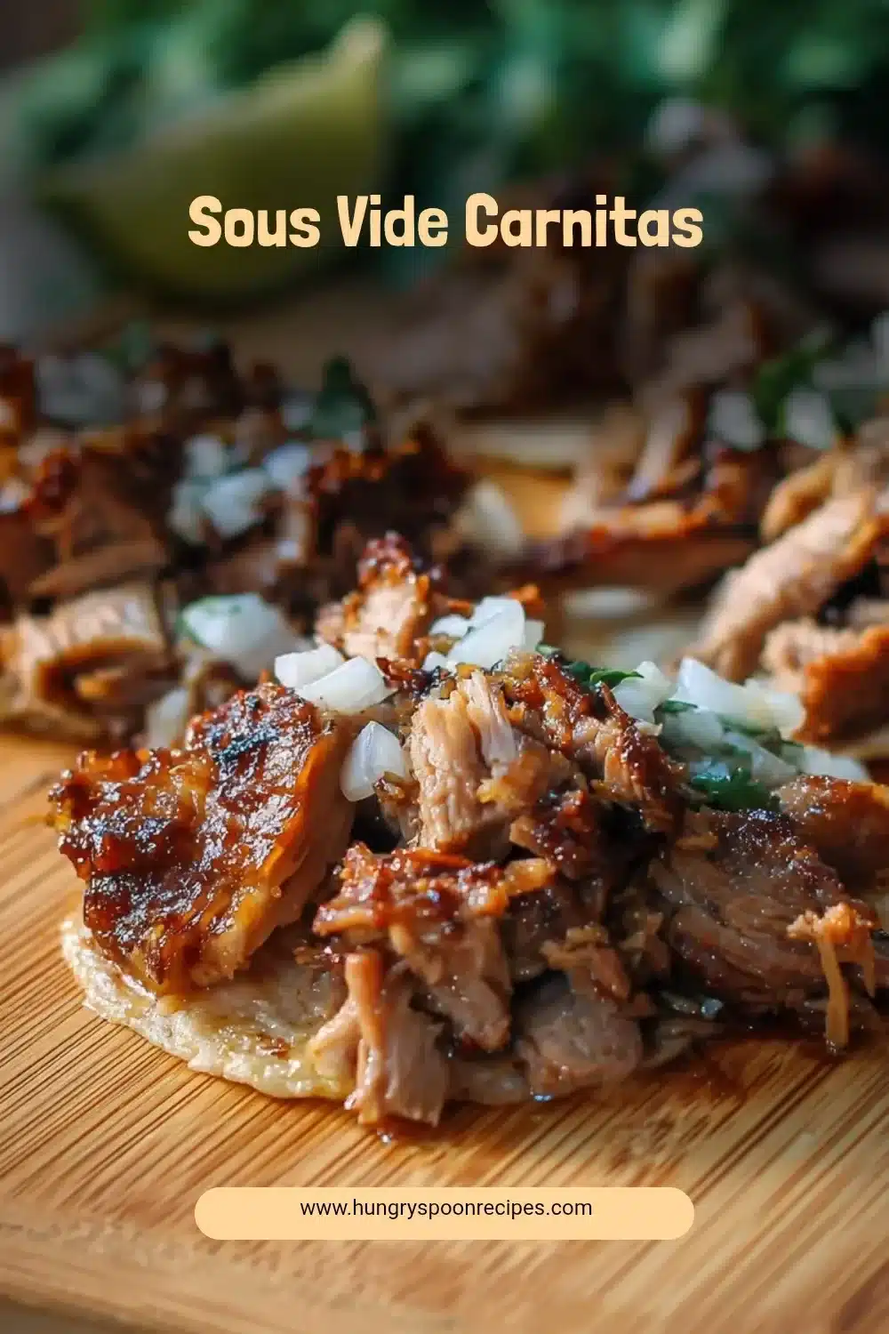 Sous Vide Carnitas 1 Delicious sous vide carnitas served with toppings in a rustic setting