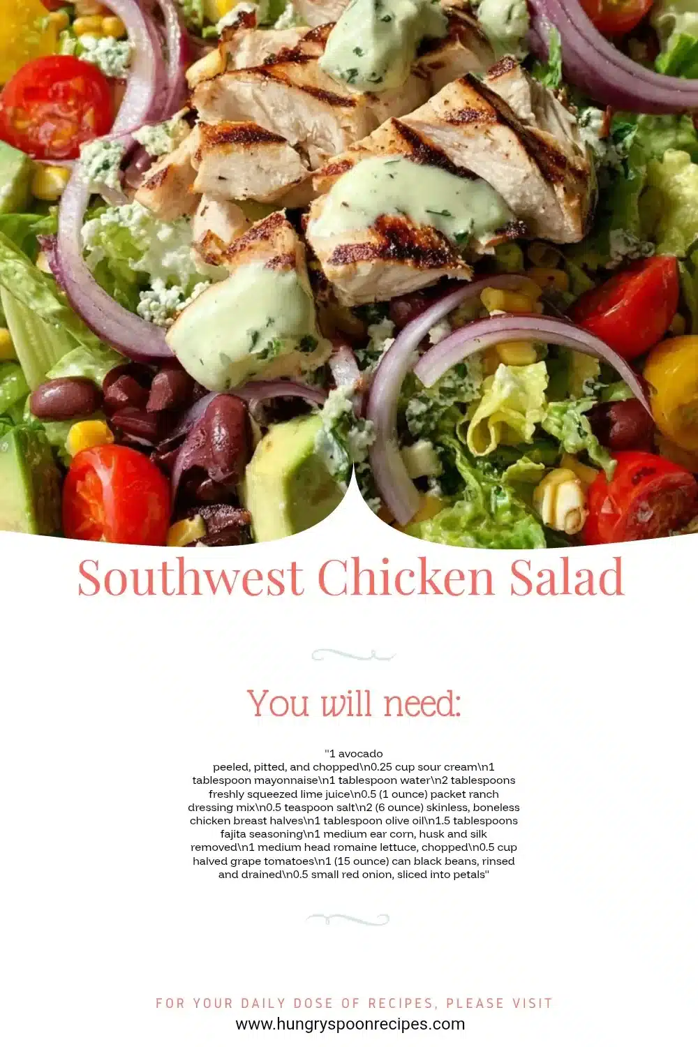 Colorful Southwest Chicken Salad with grilled chicken, beans, corn, and avocado