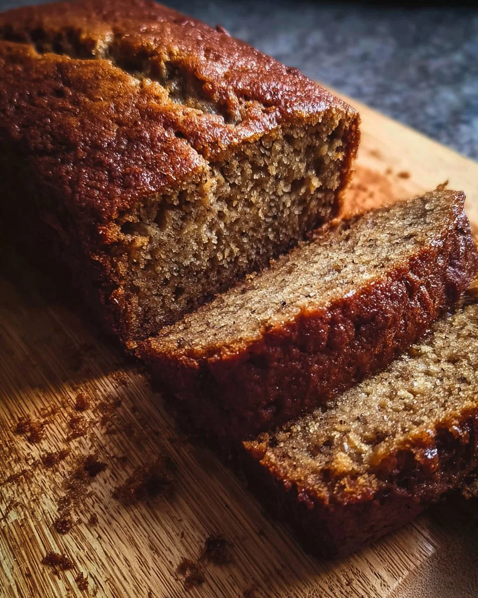Slices of freshly baked spiced banana bread on a wooden cutting board.