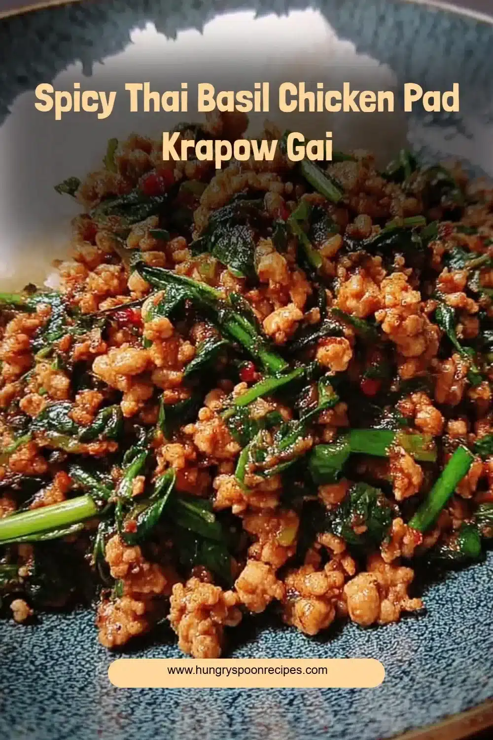 Spicy Thai Basil Chicken Pad Krapow Gai 1 Spicy Thai Basil Chicken Pad Krapow Gai served in a bowl with rice