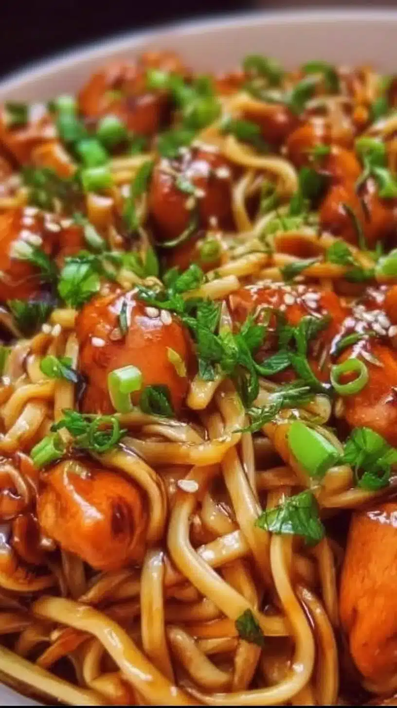 Sticky Garlic Chicken Noodles 1 Delicious sticky garlic chicken noodles served in a bowl garnished with green onions