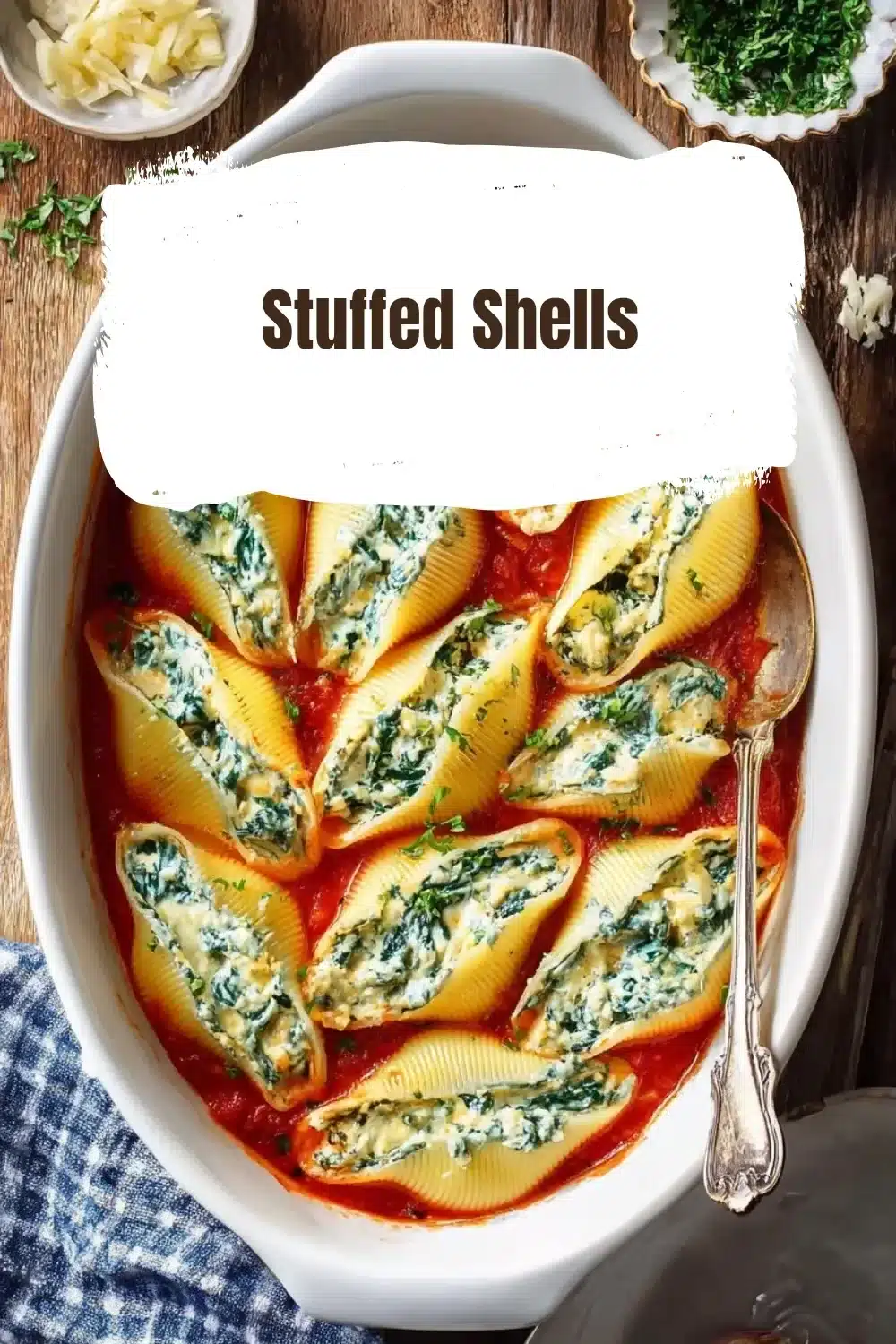 Baked stuffed shells filled with ricotta and marinara sauce, fresh from the oven.