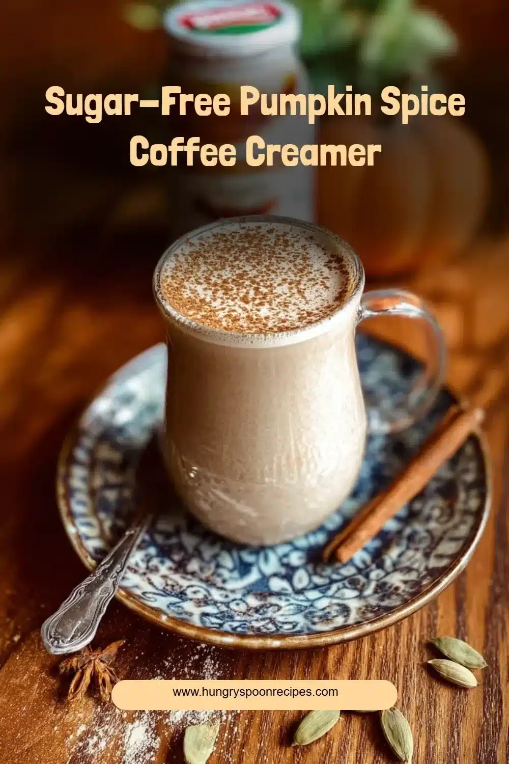 Sugar-free pumpkin spice coffee creamer bottle on a kitchen counter