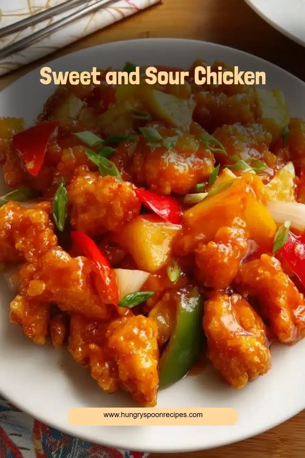 A plate of homemade sweet and sour chicken garnished with vegetables.
