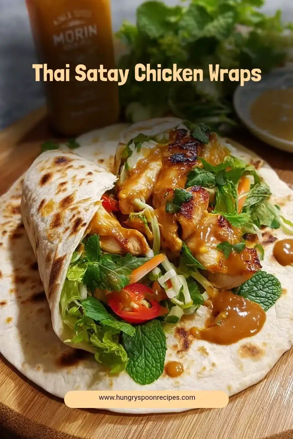 Thai Satay Chicken Wraps 1 Delicious Thai Satay Chicken Wraps featuring grilled chicken and peanut sauce.
