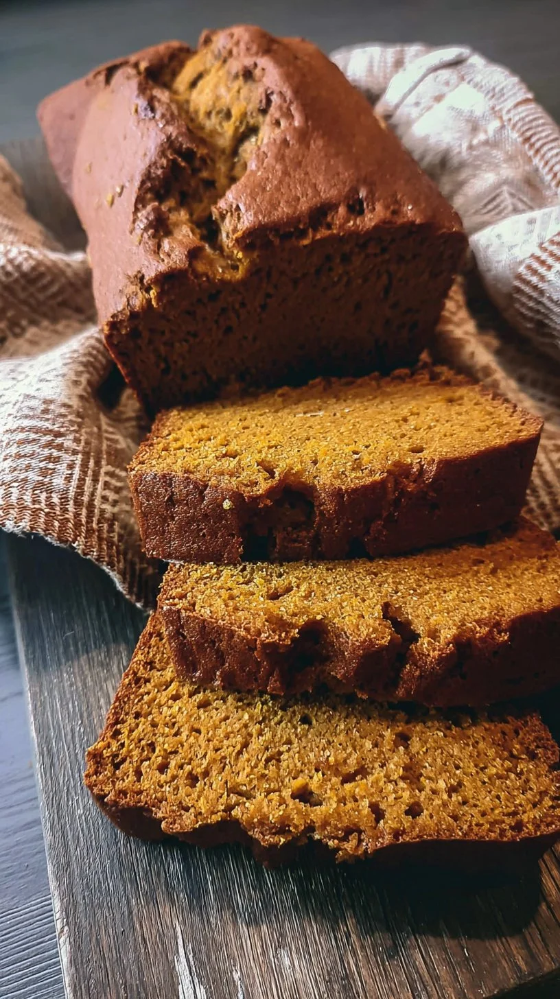 Loaf of freshly baked pumpkin bread topped with spices and pumpkin seeds