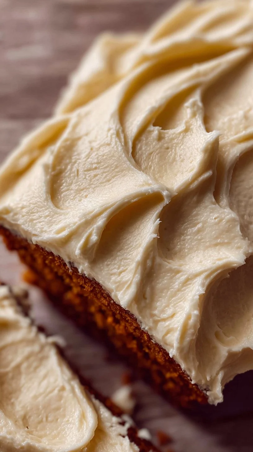 Delicious pumpkin bread topped with cream cheese frosting on a wooden table