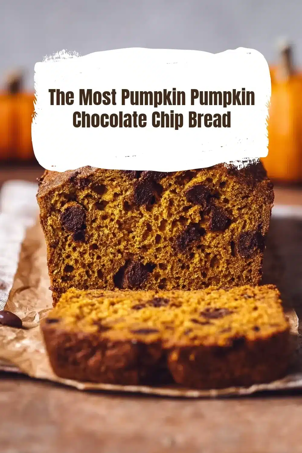 Loaf of pumpkin chocolate chip bread with warm spices and chocolate chips