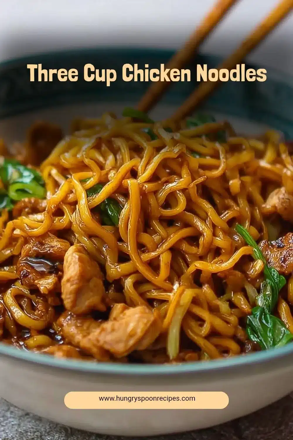 Three Cup Chicken Noodles 1 A steaming bowl of Three Cup Chicken Noodles garnished with herbs