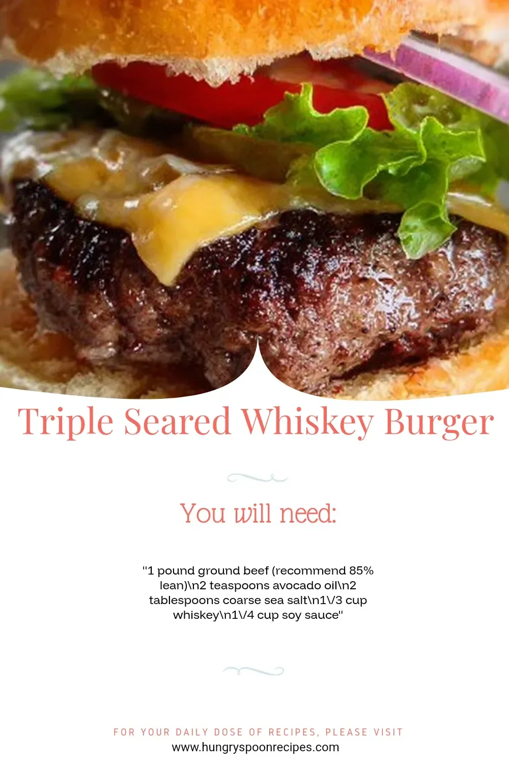 Juicy Triple Seared Whiskey Burger with toppings and a side of fries