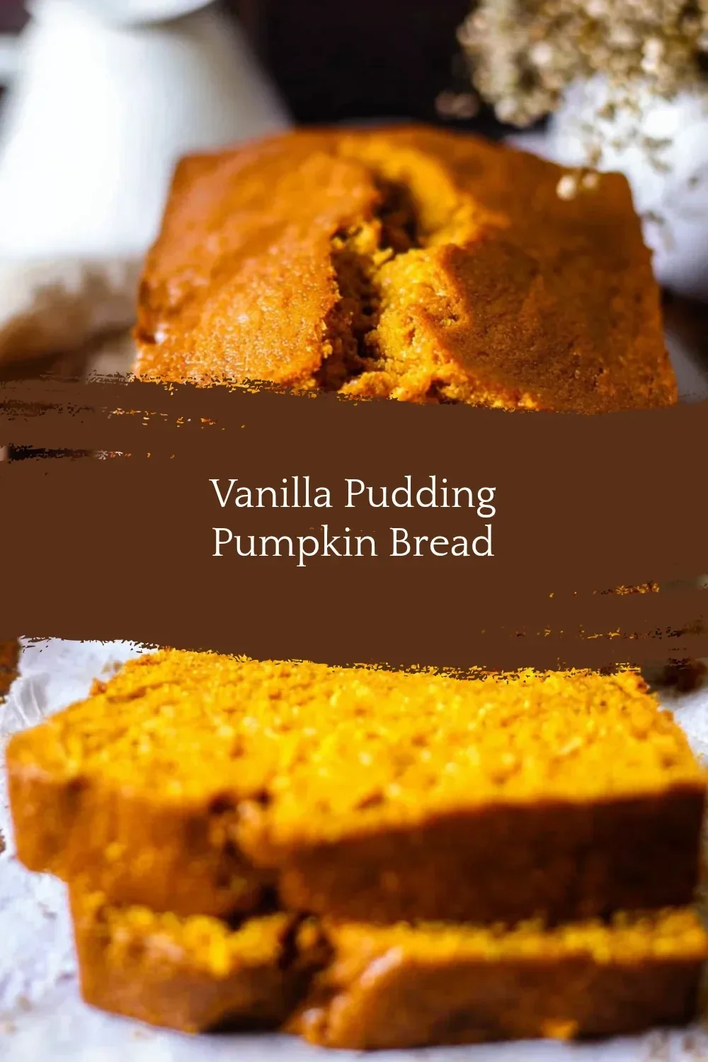 Slice of Vanilla Pudding Pumpkin Bread on a plate with spices