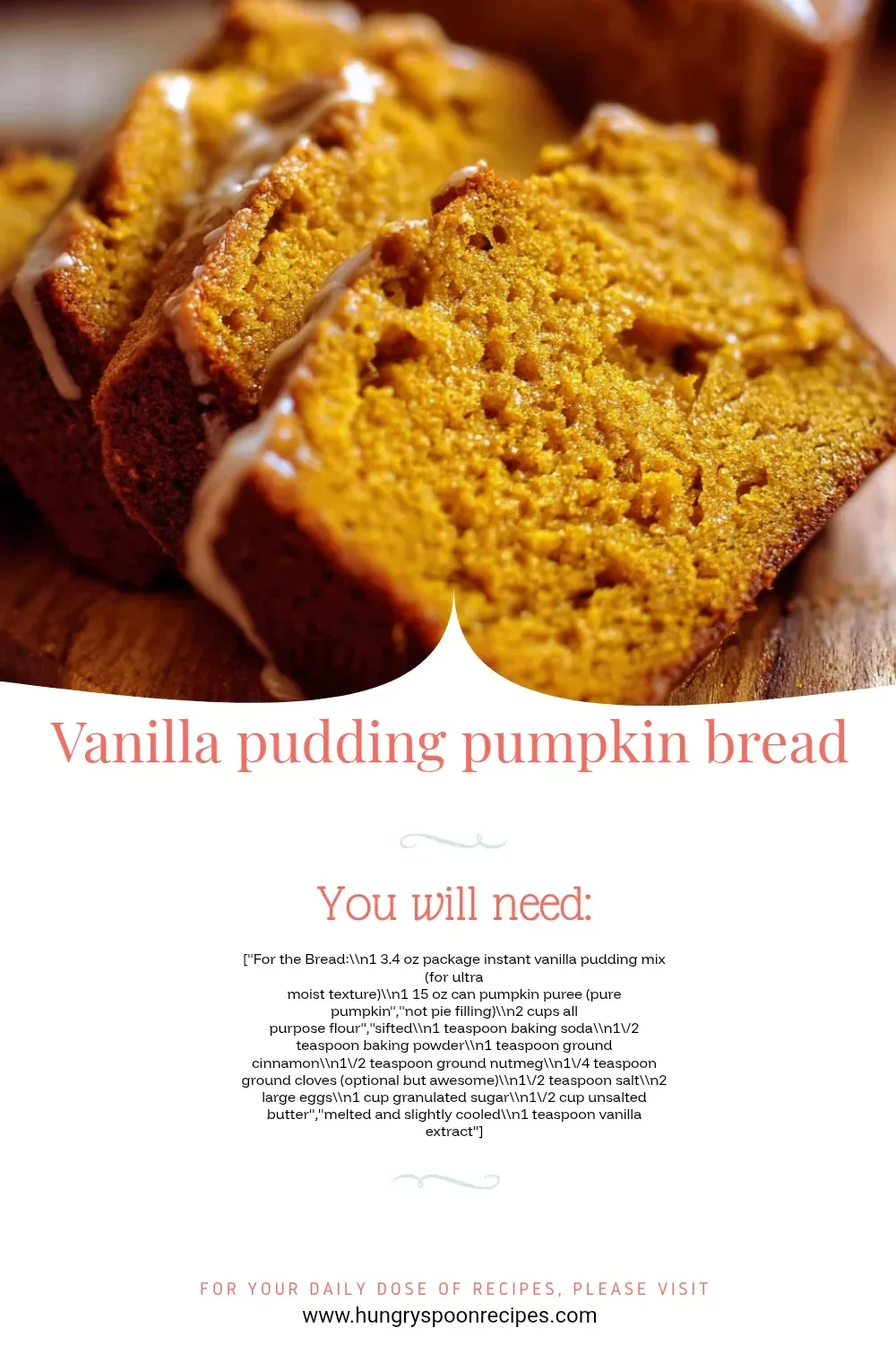 A loaf of vanilla pudding pumpkin bread with a slice cut showing its moist texture.