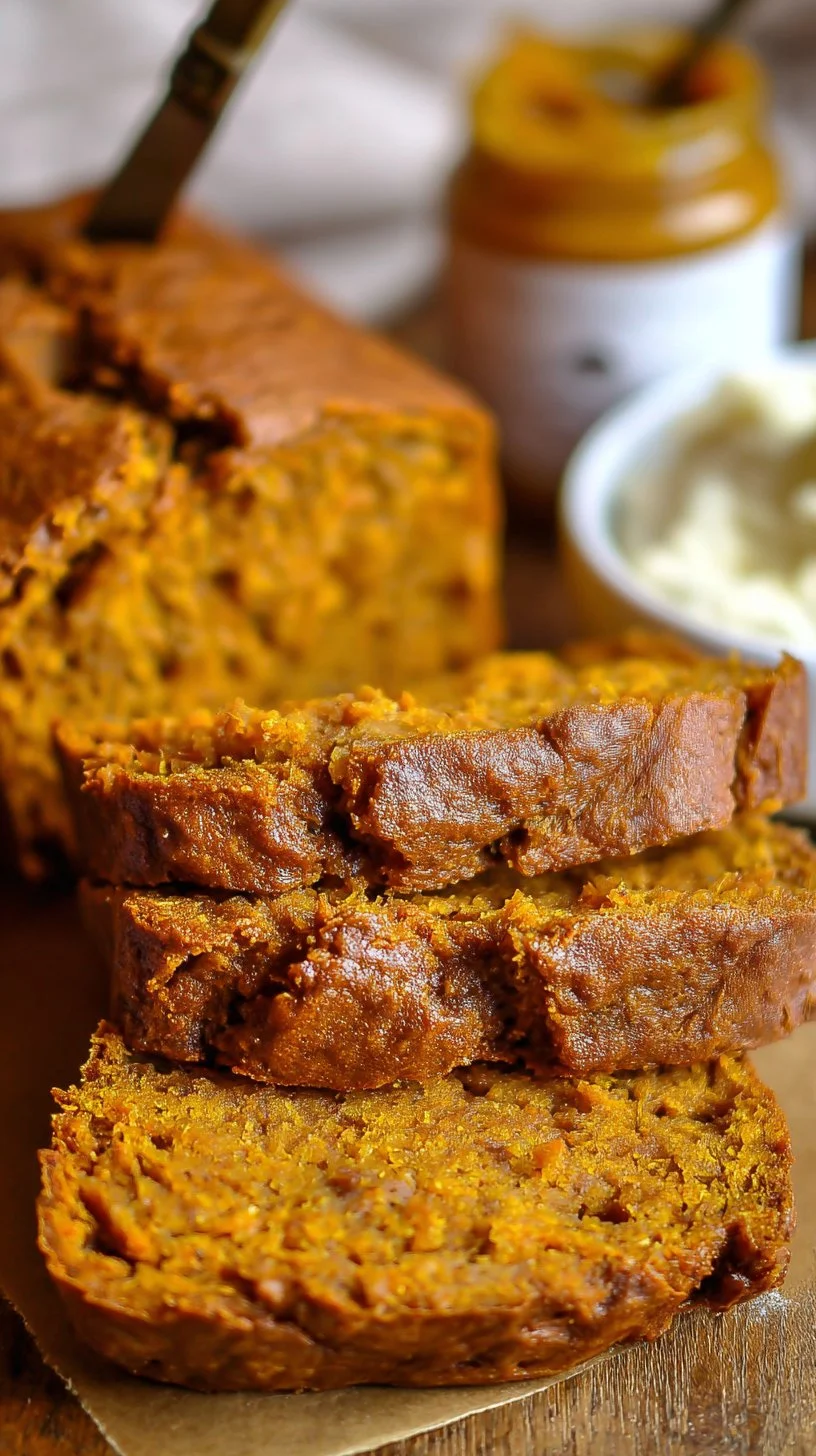 Slice of vegan banana pumpkin bread on a wooden table