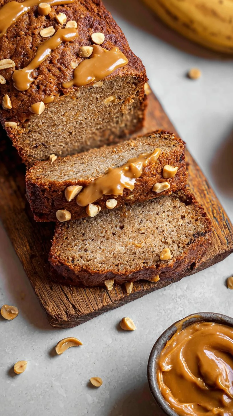 Slice of Vegan Peanut Butter Banana Bread on a wooden table
