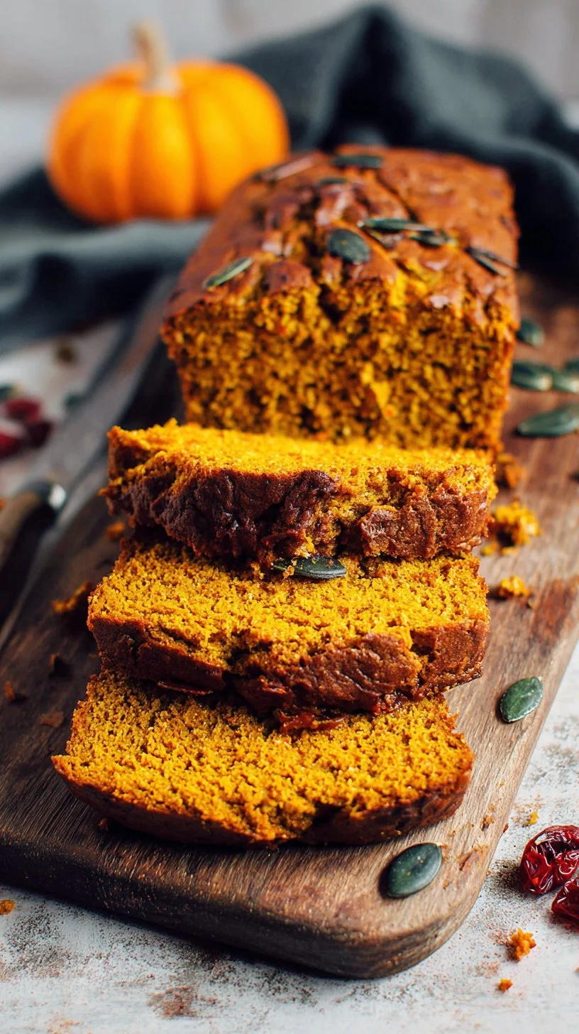 Delicious homemade Vegan Pumpkin Bread sliced on a wooden cutting board.