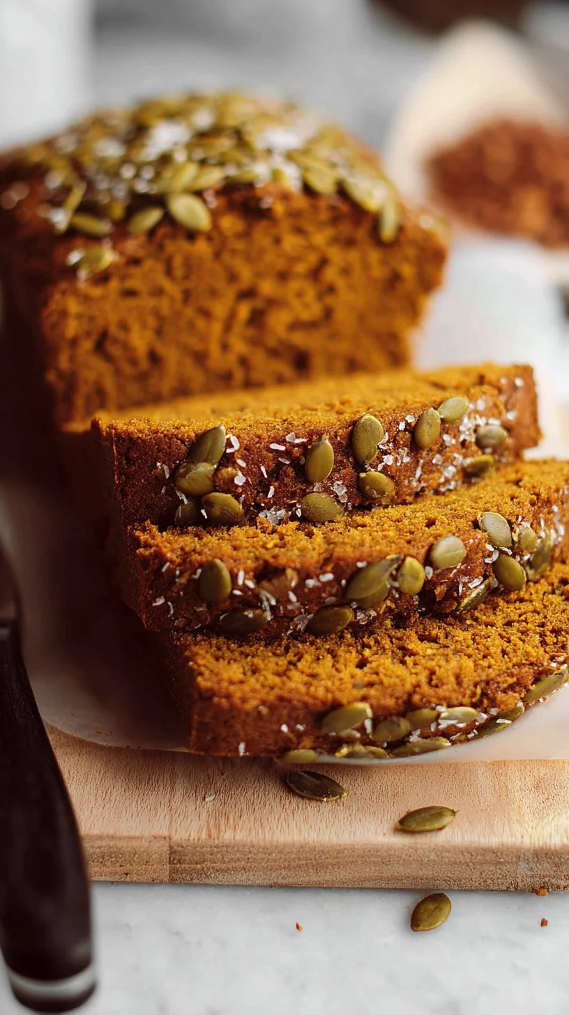 A slice of moist vegan pumpkin bread on a wooden cutting board