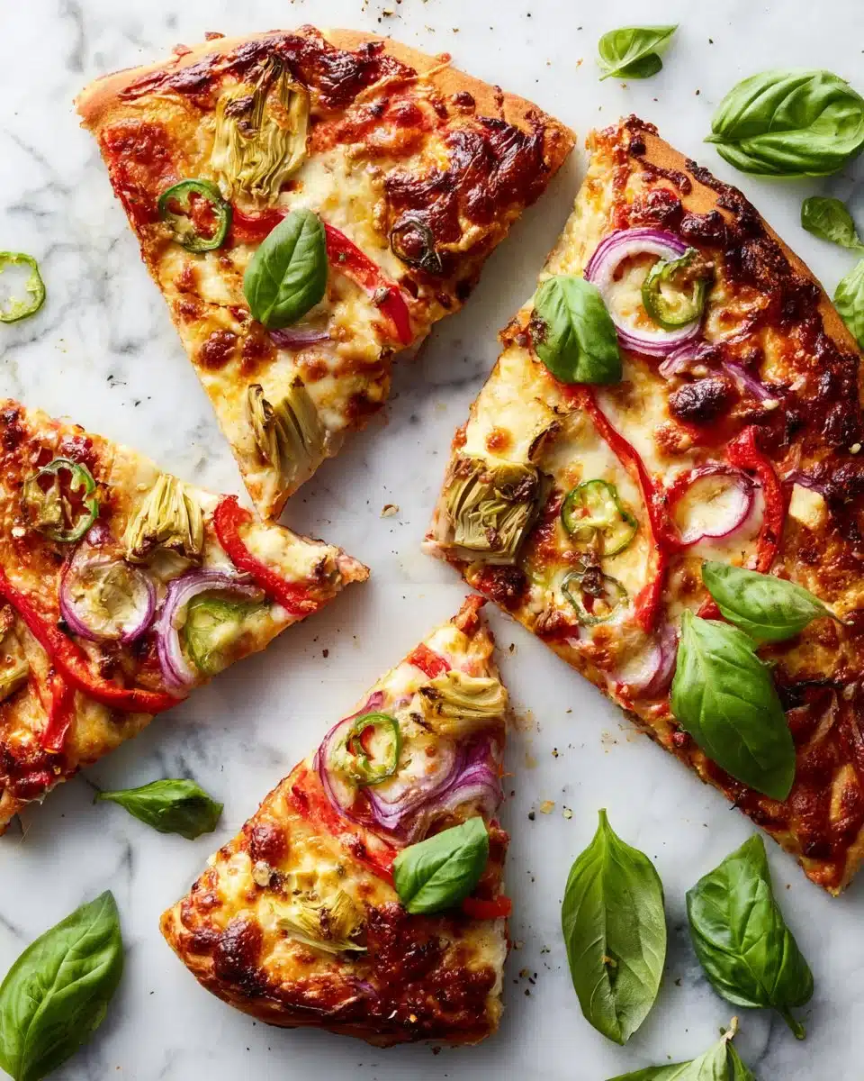 Delicious vegetarian pizza topped with fresh vegetables and cheese