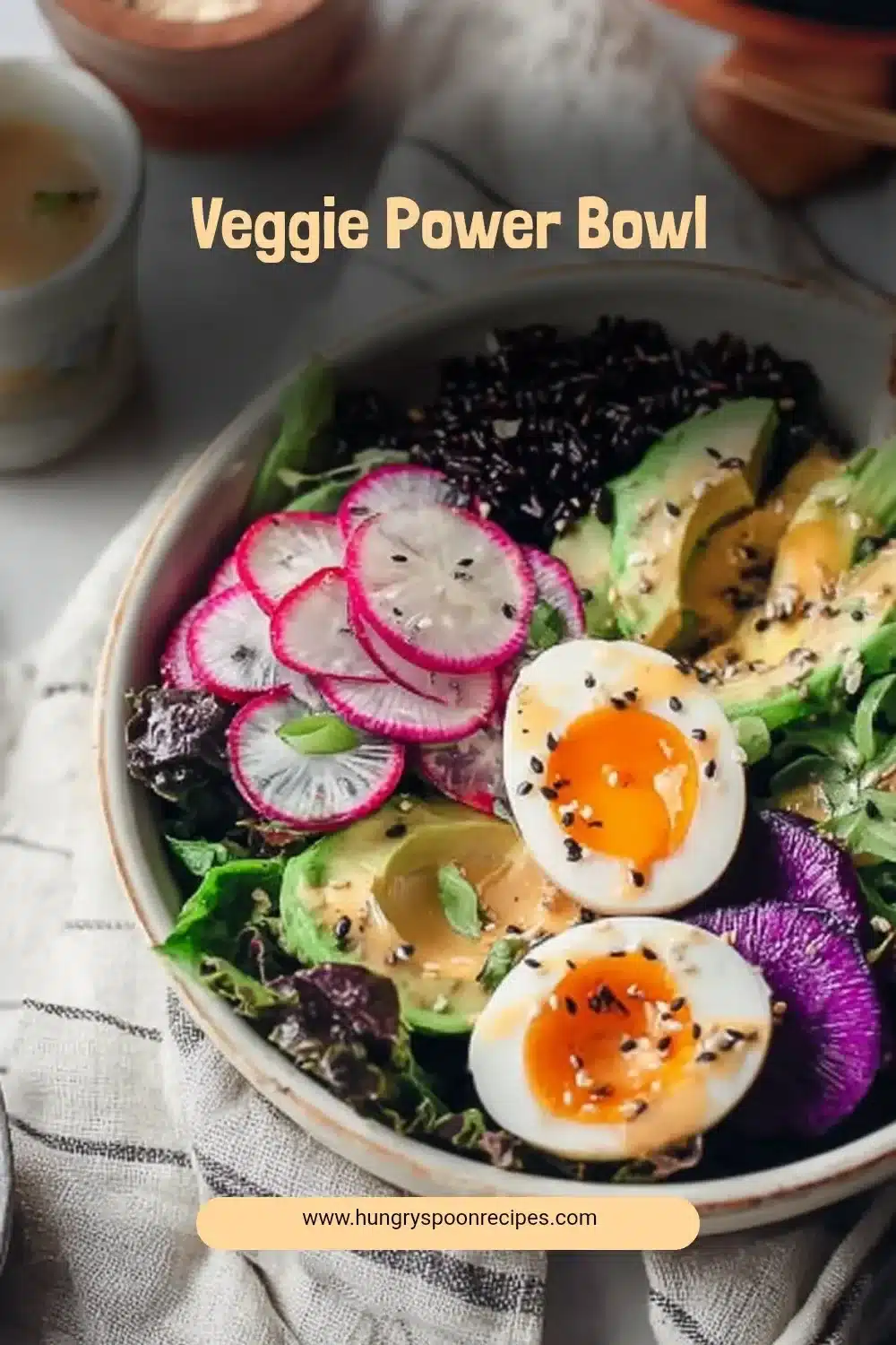 A colorful veggie power bowl filled with fresh vegetables, grains, and healthy toppings.