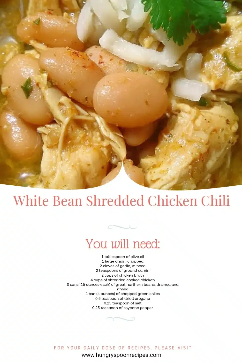 White Bean Shredded Chicken Chili 1 Bowl of white bean shredded chicken chili with garnishes