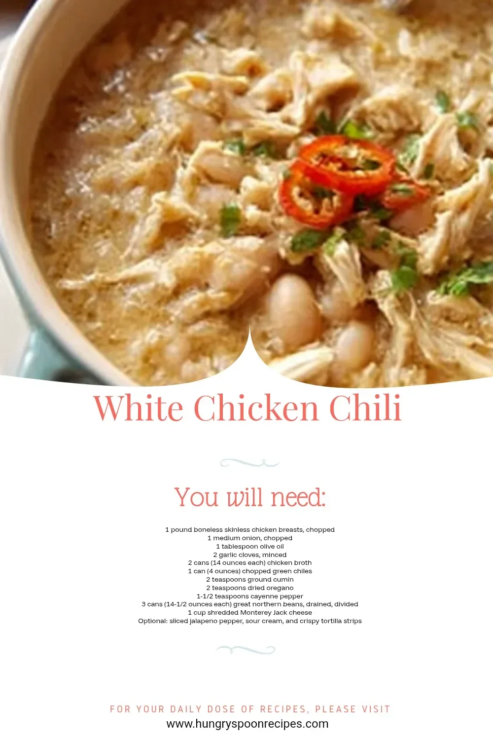 White Chicken Chili 1 Bowl of creamy white chicken chili garnished with cilantro and tortilla chips