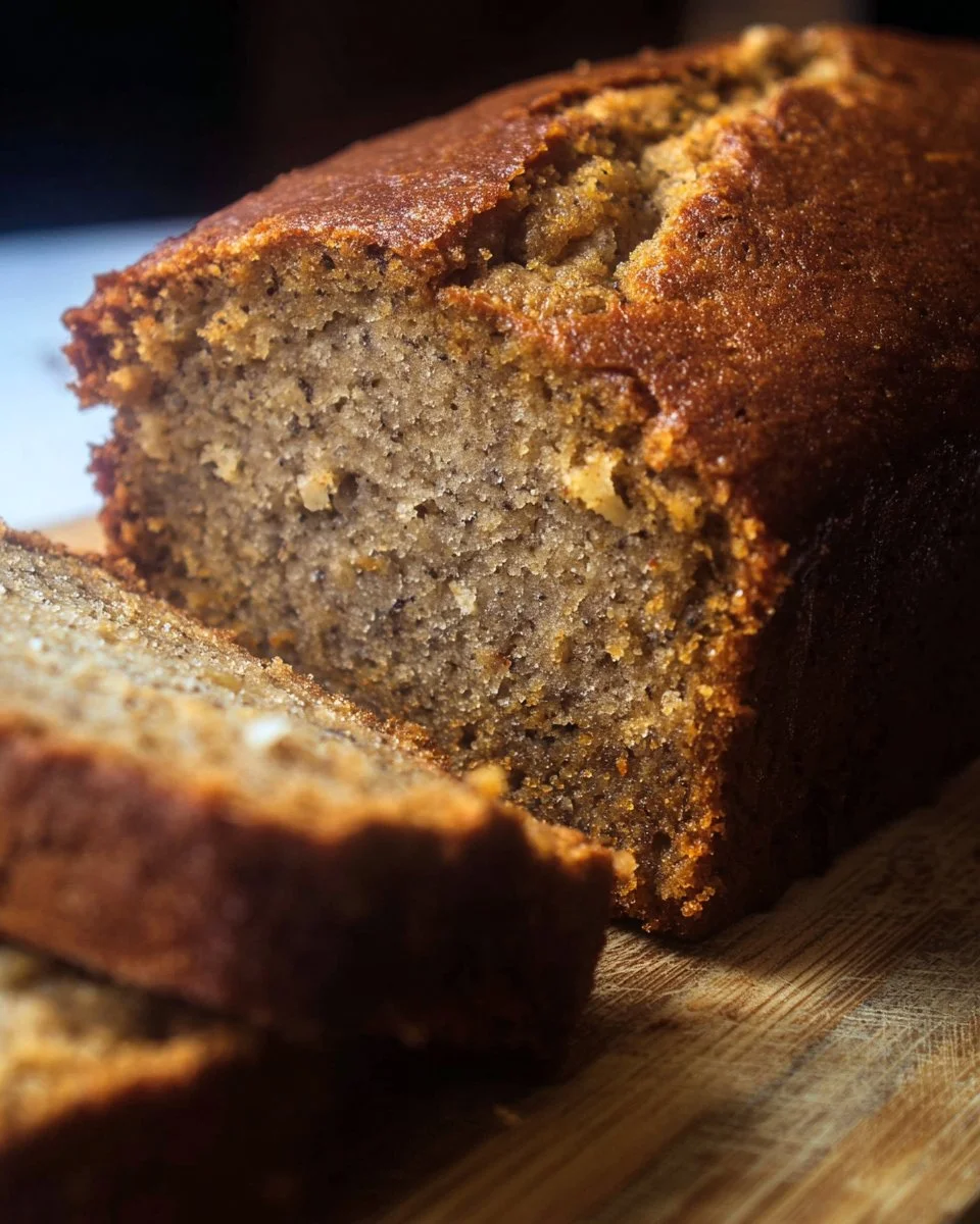 Sliced whole wheat banana nut bread on a wooden cutting board