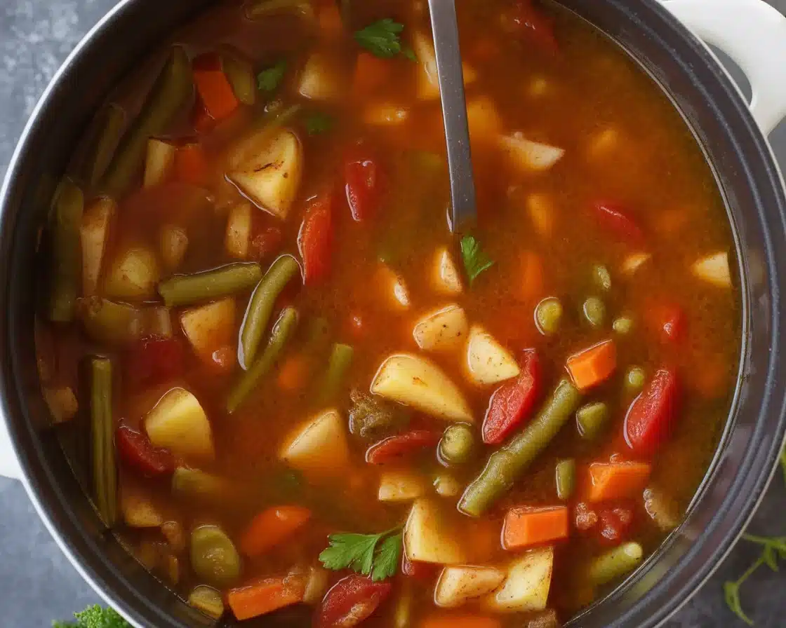 Bowl of easy homemade vegetable soup with colorful fresh vegetables