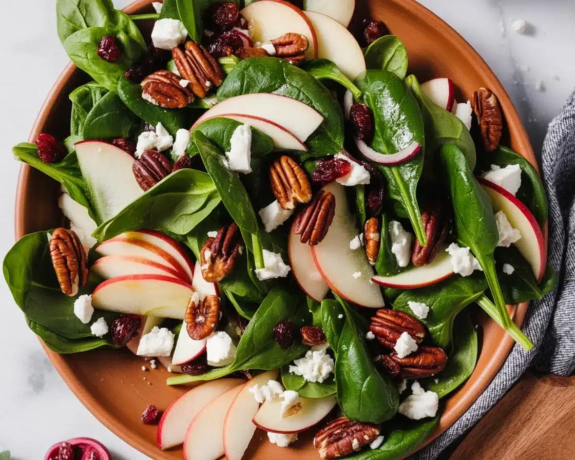 7 Delicious Spinach Salad Recipes You’ll Love to Make 1 Fresh spinach salad with apples, nuts, and a zesty vinaigrette dressing