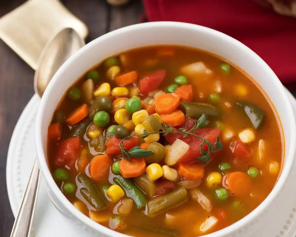 7 Tasty Vegetable Soup Recipe Ideas You’ll Love 1 Bowl of vibrant vegetable soup filled with carrots, potatoes, and green beans.